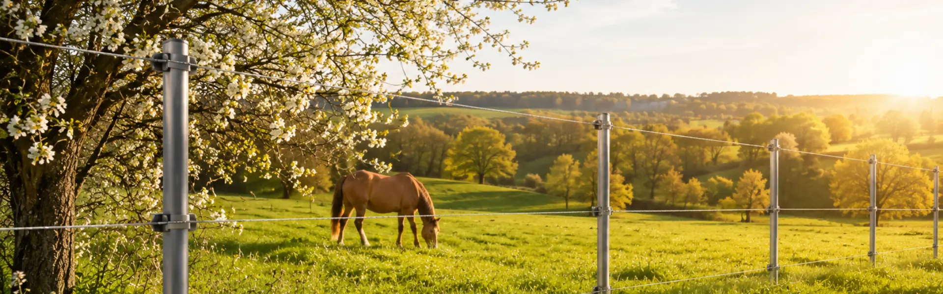 Ein braunes Pferd weidet auf einer grünen Wiese hinter einem Drahtzaun unter strahlend blauem Himmel.
